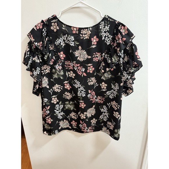 Libby Edelman Blouse Women Size Medium Black Floral Top Flutter Sleeve Shirt - Picture 3 of 3